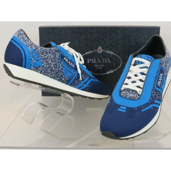 NIB PRADA 2EG272 BLUE FABRIC TRAINERS KNIT LOGO LACE UP SNEAKERS 9.5 US 10.5 IT - Picture 1 of 12
